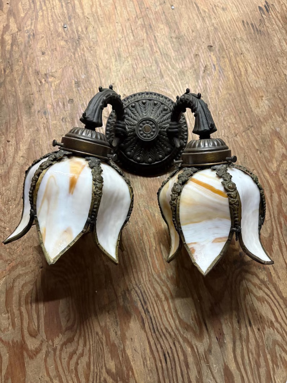 Vtg MCM Slag Glass TULIP Double Pendant Sconce Light Fixture Regency Signed L&L